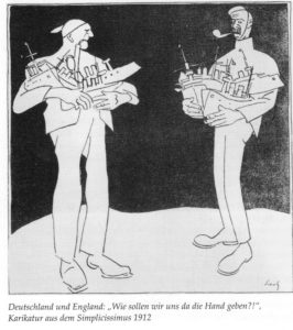 „Wie sollen wir uns da die Hand geben?“ Zeitgenössische Karikatur zum deutschbritischen Flottenwettrüsten aus dem „Simplicissimus“. © Archiv Deutscher Marinebund / Scarborough Museums Trust